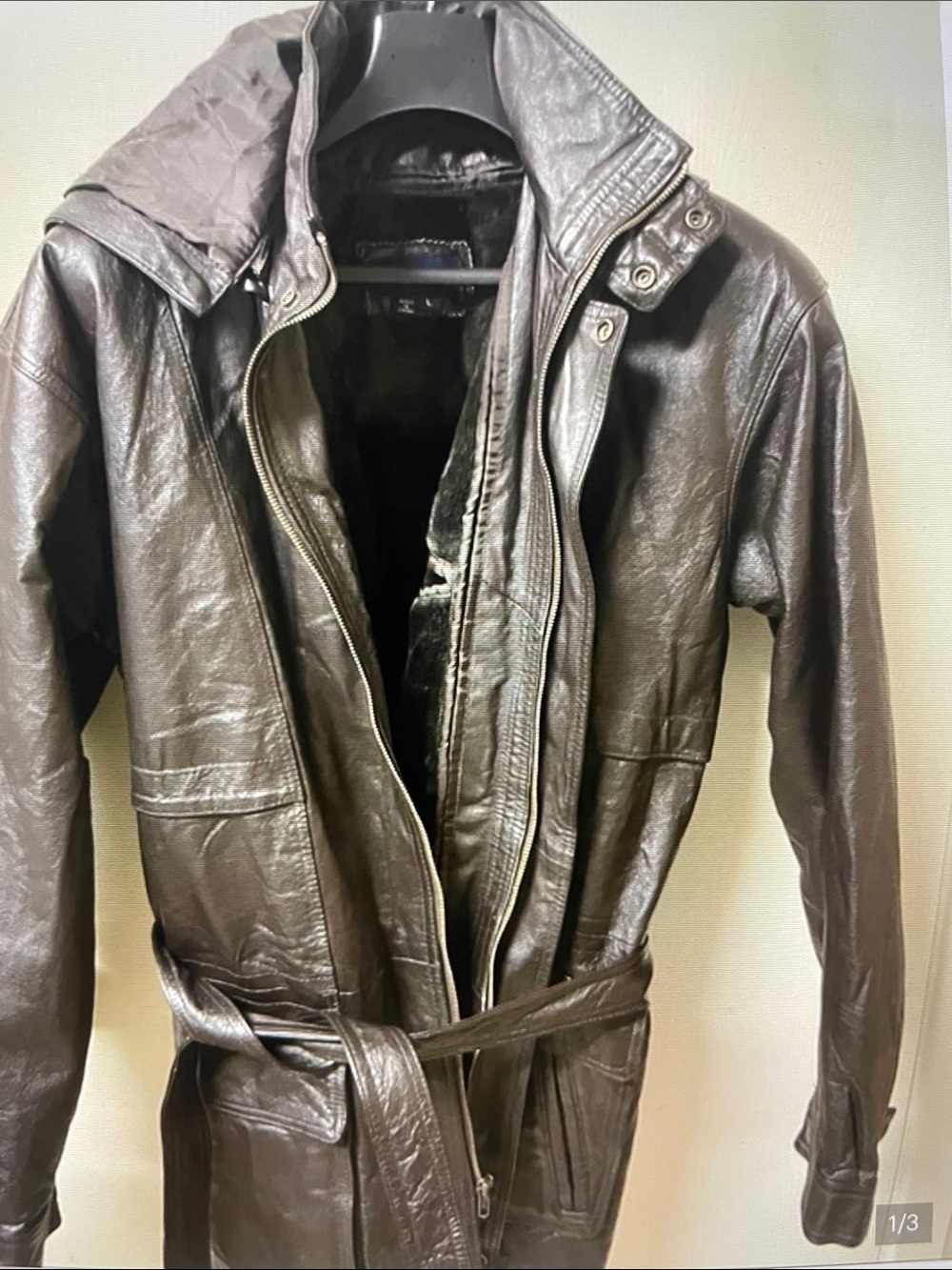 Men's Black Leather Trench Coat with Belted Waist
